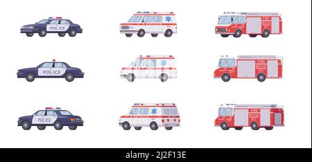 911 véhicules d'urgence. Voitures de police, ambulances, camions de pompiers isolés sur blanc. Illustrations vectorielles pour accident, sauvetage, transport Illustration de Vecteur