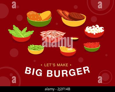 Fond rouge avec ingrédients de hamburgers sur les bols. Faisons des fast-foods savoureux à la maison. Concept de repas et de cuisine malsains. Modèle de promotion Illustration de Vecteur