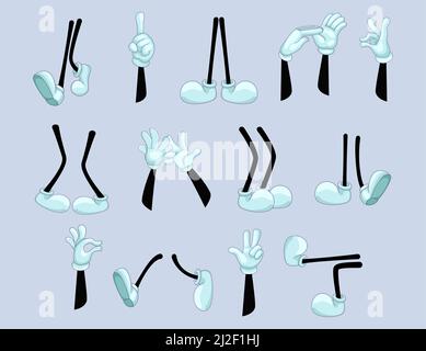 Ensemble de bras et de jambes amusants. Poignets de dessin animé en gants blancs avec divers gestes, pieds de debout, danse, personnage de marche. Illustration vectorielle pour Illustration de Vecteur