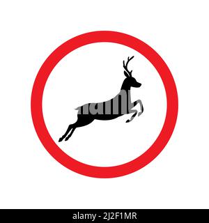 Silhouette de cerf noir plat vectoriel dans un cercle rouge. Panneau d'avertissement isolé sur fond blanc Illustration de Vecteur