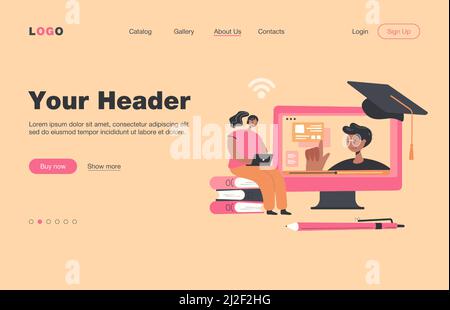 Femme joyeuse étudiant sur Internet, regardant le webinaire sur ordinateur, prenant des cours en ligne. Illustration vectorielle pour la connaissance, l'éducation, l'apprentissage à distance Illustration de Vecteur