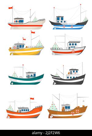 Collection d'illustrations vectorielles de bateaux de pêche. Chalutiers de pêcheurs, navires avec grues soulevant des filets isolés sur blanc. Pour l'industrie alimentaire et des fruits de mer, Illustration de Vecteur
