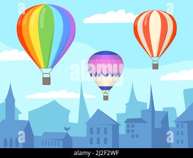 Ballons d'air sur l'illustration de ville de dessin animé. Trois aérostats colorés et lumineux flottent au-dessus d'une ville ou d'une ville silhouettée. Ciel bleu clair avec nuages blancs. Illustration de Vecteur