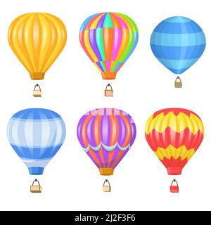 Ensemble de photos à écran plat et couleurs vives pour ballons d'air. Paniers et ballons volants de dessin animé avec collection d'illustrations vectorielles isolées à air chaud. Vol dans le ciel Illustration de Vecteur