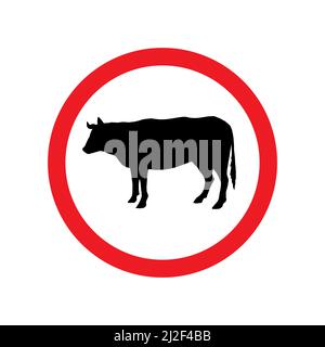 Silhouette de vache noire vectorielle dans un cercle rouge. Attention, panneau de signalisation isolé sur fond blanc Illustration de Vecteur