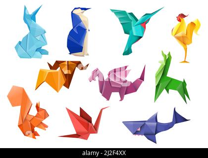 Ensemble d'articles plats originaux à l'origami japonais. Collection d'illustrations vectorielles isolées de lièvre, d'oiseau, de dragon, de taureau et d'écureuil. Pape Illustration de Vecteur