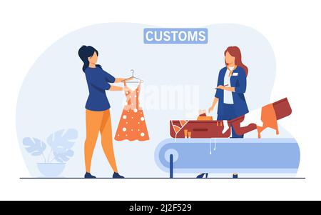 Employé des douanes vérifiant les bagages du touriste. Femme montrant une valise et des vêtements à l'inspecteur. Illustration vectorielle plate. Concept d'inspection des bagages Illustration de Vecteur