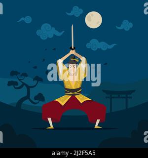 Guerrier chinois ou japonais dans un kimono traditionnel. Illustration vectorielle plate. Dessin de personnage masculin avec épée la nuit dans paysage backgrou Illustration de Vecteur