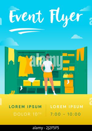 Femme choisissant la robe de l'armoire à motif vectoriel plat. Jeune femme debout près du placard ouvert. Pile de vêtements sur les tablettes. Style de dessin animé. Illustration de Vecteur