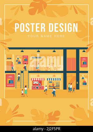 Intérieur du grand magasin avec les clients. Les gens magasinent dans le centre commercial de la ville, se prominent à travers les halls de bâtiment devant les fenêtres, portant des sacs. Pour le marché, la vente, Illustration de Vecteur