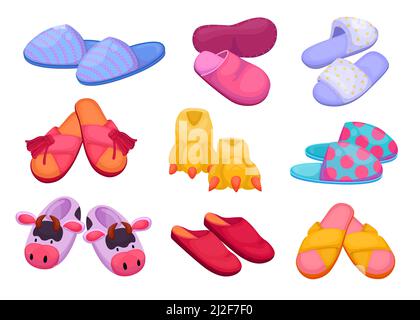 Différents pantoufles pour enfants et adultes ensemble d'illustrations vectorielles. Chaussures de dessin animé confortables pour maison, chambre ou hôtel, têtes d'animaux, pieds isolés Illustration de Vecteur