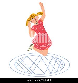 Fille gaie en robe rouge sautant sur trampoline. Jeux de plein air actifs pour enfants sur le concept de terrain de jeu, trampoline, vecteur de dessin animé plat isolé sur blanc Illustration de Vecteur