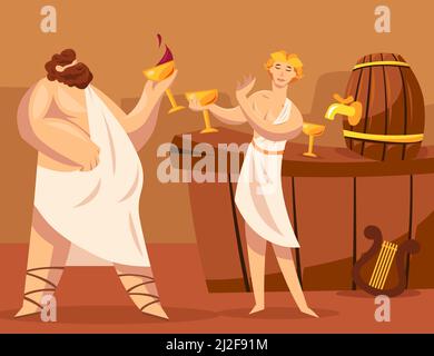 Anciens dieux grecs ou Grecs buvant du vin ensemble. Illustration vectorielle de dessin animé. Dieu de viticulture Dionysus accordant du vin à caractère grec. Winema Illustration de Vecteur