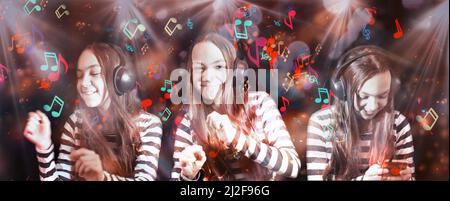 Collage avec une fille dans différentes poses Écoutez la musique dans les écouteurs sur un fond avec des notes musicales. Banque D'Images