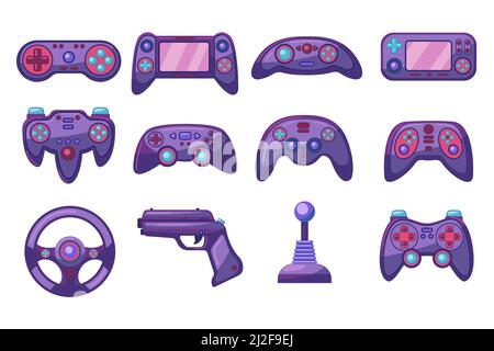 Jeu de photos plates de joysticks d'ordinateur coloré et lumineux. Contrôleurs de jeux vidéo de dessin animé pour jouer à la collection d'illustrations vectorielles isolées de périphériques. Gamin Illustration de Vecteur