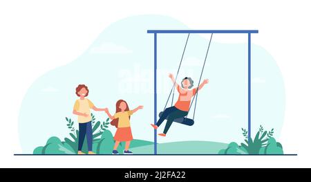 Joyeux enfant balançant sur le swing. Les enfants s'amusent sur une aire de jeux dans le parc. Illustration vectorielle plate. Enfance, activités de plein air, concept de vacances pour Illustration de Vecteur