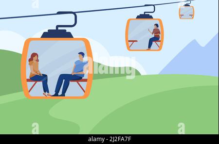 Des gens heureux utilisant le funiculaire ou le funiculaire. Illustration de l'habitacle, de l'air et de la nature à vecteur plat. Concept de voyage, de vacances et de loisirs pour bannière, site Web Illustration de Vecteur