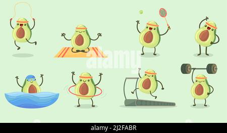 Happy Cute avocat exercice ensemble plat pour motif toile. Dessin animé avocat fruit personnage dans la collection d'illustrations vectorielles isolées de la salle de sport. Entraînement physique Illustration de Vecteur