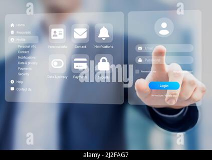 Page de connexion avec mot de passe pour accéder au compte de profil en ligne. Connexion sécurisée et sécurité des données personnelles sur Internet. Cybersécurité et formulaire de connexion. Banque D'Images