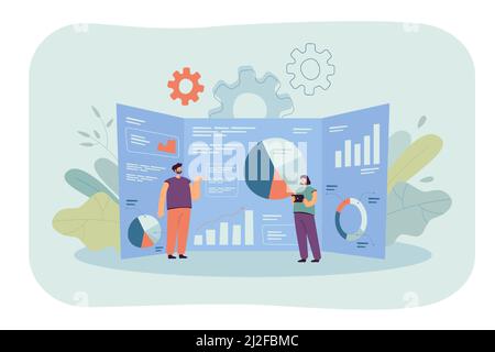 Cartoon petits analystes et tableau de bord géant de recherche avec des données. Illustration vectorielle plate. Jeunes étudiant la stratégie d'affaires. Affaires, analyse, r Illustration de Vecteur