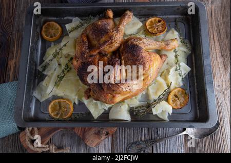 Poulet cuit au four avec du chou blanc et sauce au béchamel dans une lèchefrite sur une table en bois foncé. Banque D'Images