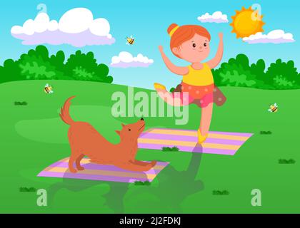 Adorable petite fille de dessin animé faisant du yoga avec un chien à l'extérieur. Femme enfant sur le tapis de yoga faisant des exercices et poses, animal domestique regardant le propriétaire plat vecteur illus Illustration de Vecteur