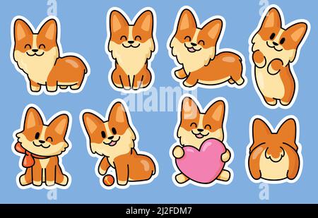 Ensemble d'autocollants pour chiot Corgi mignon. Collection d'illustrations vectorielles plates. Fox comme chien personnages de dessin animé jouant avec le ballon, tenant le coeur assis, lyin Illustration de Vecteur