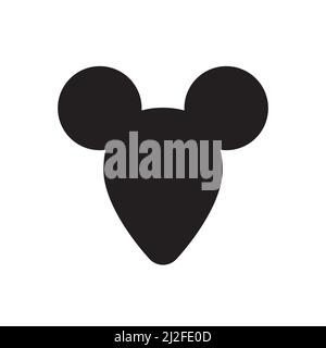 Dessin animé vectoriel plat noir visage de souris icône silhouette isolée sur fond blanc. Tête de rat avec esrs Illustration de Vecteur