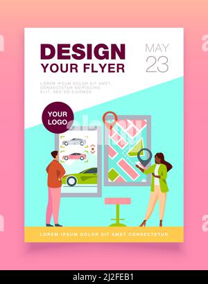 Homme louant une voiture. Application de partage de voiture, plan de la ville avec pointeurs. Illustration vectorielle plate consultant. Transport, transport urbain concept pour bannière, web Illustration de Vecteur