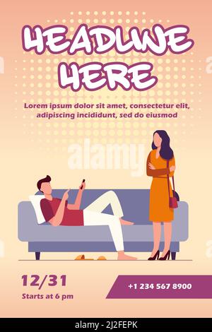 Homme allongé sur un canapé quand une femme se tient debout et regarde lui. Canapé, paresse, femme illustration de vecteur plat. Concept de famille et de relation pour bannière, Illustration de Vecteur