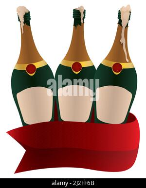 Trois délicieuses bouteilles de champagne sans corned avec une mousse savoureuse et un ruban rouge vide autour. Illustration de Vecteur