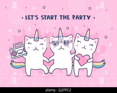 Conception de couverture avec chats licorne. Caticornes de bébé dansant mignon avec queues arc-en-ciel illustrations vectorielles avec texte sur fond rose. Fête et fête Illustration de Vecteur