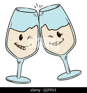 Couple mignon de verres à vin, wencing à vous et faire un toast de célébration. Design dessiné à la main et style rétro. Illustration de Vecteur