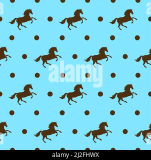 Motif vectoriel sans couture de silhouette de cheval marron et de points isolés sur fond bleu Illustration de Vecteur
