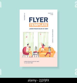 Père qui accueille trois enfants à la maison. Des enfants heureux jouant à des jeux et s'amuser avec leur père. Illustration vectorielle plate pour parents uniques, famil Illustration de Vecteur