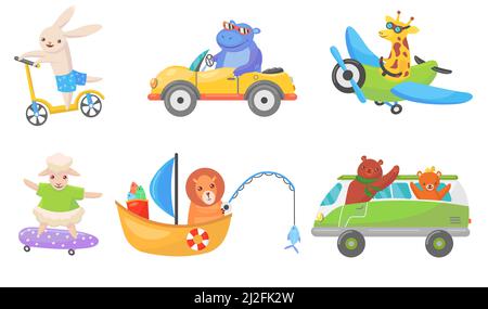 Animaux amusants sur le transport plat mascottes ensemble pour la conception de Web. Des personnages de pilote de dessin animé mignons sur le bateau, la voiture, et l'illustration vectorielle isolée de vélo collectent Illustration de Vecteur