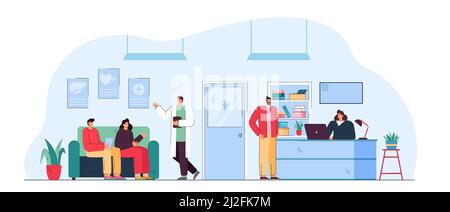Personnes assises dans la salle d'attente de la clinique médicale. Illustration vectorielle plate. Patients assis sur un canapé dans la zone de réception, parlant avec le médecin et recep Illustration de Vecteur
