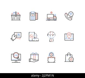 Achat et livraison de marchandises - icônes de style de conception de ligne Illustration de Vecteur