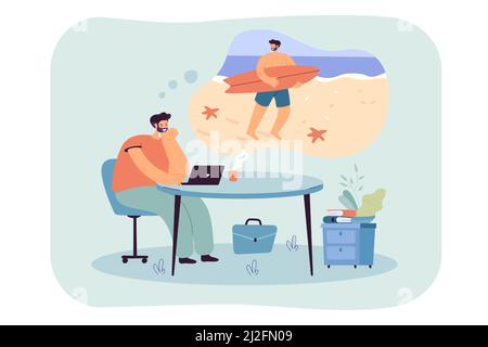 Homme d'affaires décontracté rêvant de vacances sur une île tropicale, en planifiant de surfer sur la mer tout en travaillant sur un ordinateur portable. Illustration vectorielle plate Illustration de Vecteur