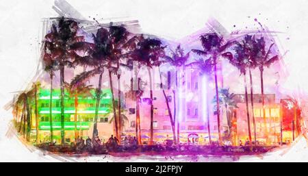 Illustration aquarelle des hôtels et des restaurants d'Ocean Drive au coucher du soleil. Horizon de la ville avec palmiers la nuit. Vie nocturne Art déco au sud Banque D'Images