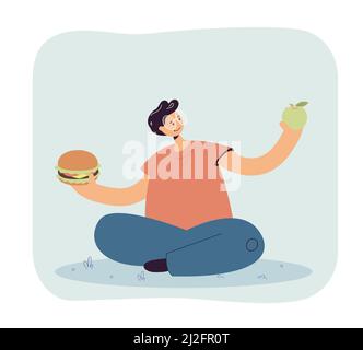 Homme dans des verres choisir entre les fruits et la malbouffe. Dessin animé représentant un vecteur plat de pomme et de hamburger. Un mode de vie sain, une alimentation, Illustration de Vecteur