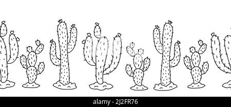 Cactus Desert plantes sans couture frontière vectorielle. Bordure ouest sauvage cactus noir blanc. Motifs horizontaux répétés, décoration ethnique amérindienne Illustration de Vecteur
