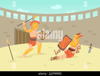 Deux guerriers blindés romains se battent avec des épées dans l'arène. Illustration vectorielle de dessin animé. Combat des gladiateurs dans le champ de bataille du Colisée de la Rome antique, Greec Illustration de Vecteur