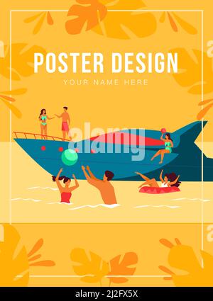 Concept de vacances sur yacht. Des personnages touristiques heureux naviguant, buvant des cocktails sur un bateau de luxe, nageant et jouant au ballon en mer. Illustration vectorielle Illustration de Vecteur