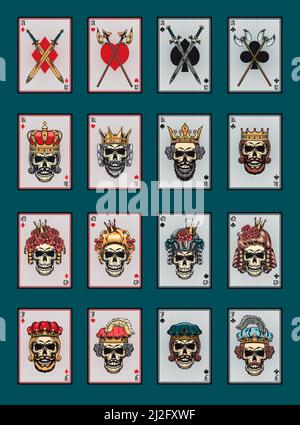 Jouer aux cartes de poker avec jeu de crânes. Rois, reines, jokers, as de tous les costumes. Collection d'illustrations vectorielles pour jeux d'argent, club de poker, jeu en ligne co Illustration de Vecteur