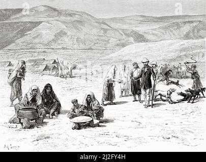 Camp palestinien de Taamirah Wadiat en Palestine, Israël, Moyen-Orient, Orient. Syrie par Charles Louis Lortet (1836-1909) le Tour du monde 1882 Banque D'Images