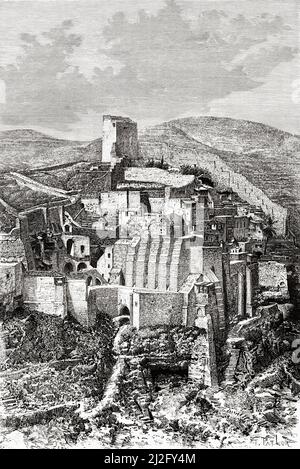 La grande Lavra de Saint Sabbas le sanctifié. Mar Saba monastère grec orthodoxe, vallée de Kidron dans la région sauvage de Ziph en Palestine. Israël, Moyen-Orient, Orient. Syrie par Charles Louis Lortet (1836-1909) le Tour du monde 1882 Banque D'Images