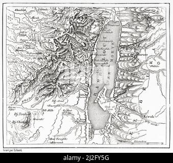 Carte ancienne de la mer Morte. Israël, Moyen-Orient, Orient. Syrie par Charles Louis Lortet (1836-1909) le Tour du monde 1882 Banque D'Images