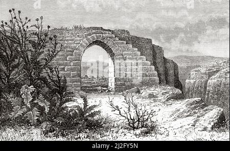 Porte byzantine ouest de la forteresse Masada à la mer Morte, Israël, Moyen-Orient, Orient. Syrie par Charles Louis Lortet (1836-1909) le Tour du monde 1882 Banque D'Images