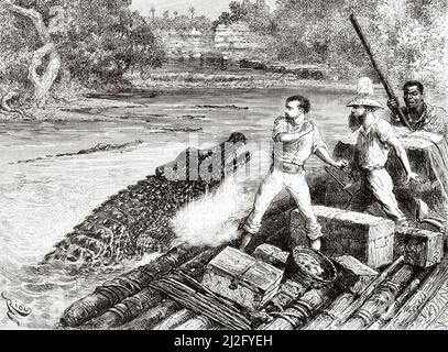 Attaque d'un gros alligator sur le radeau des explorateurs, fleuve Guaviare, Colombie. Amérique du Sud. Voyage d'exploration à travers la Nouvelle-Grenade et le Venezuela par Jules Crevaux 1880-1881. Le Tour du monde 1882 Banque D'Images